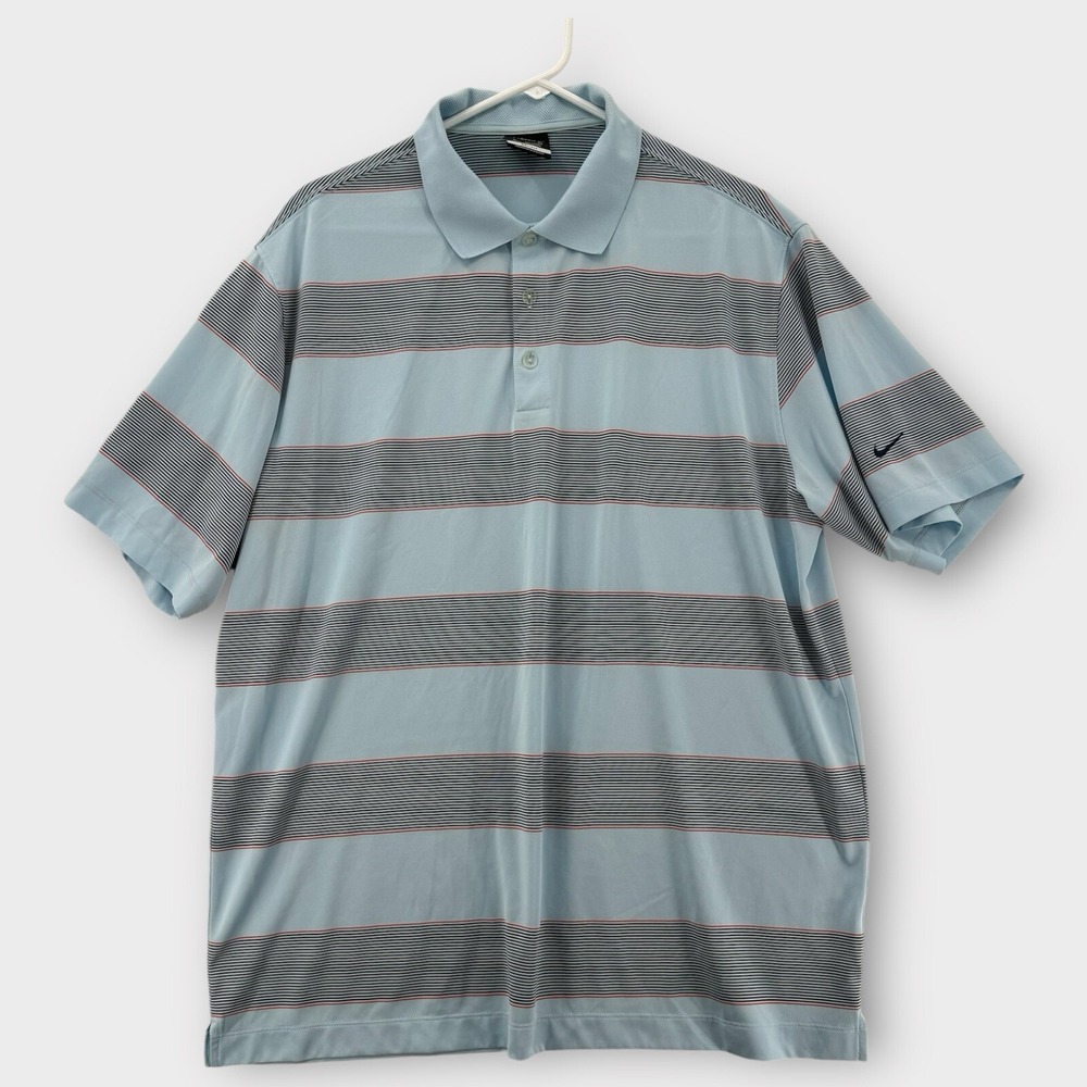 Nike Golf Polo Shirt Mens XL Blue‎ Striped Athletic Dri Fit Swoosh Logo 0525-869